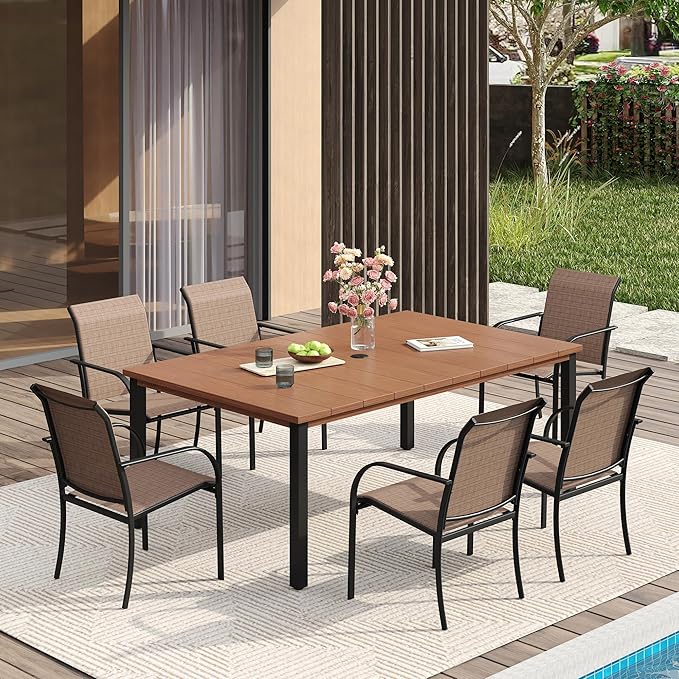 VICLLAX Patio Dining Set for 6, Outdoor Furniture Set Includes 63" Rectangle Patio Table and 6 Patio Sling Chairs, Outdoor Table and Chairs for Outsides, Walnut Tabletop and Brown Fabric HOME
