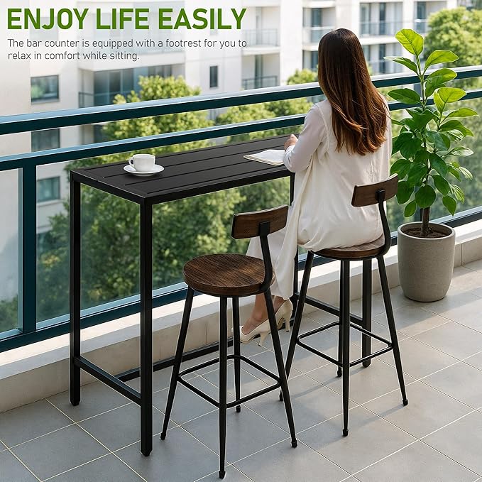 Outvita Outdoor Bar Table, 37" Height Patio Pub Table with Waterproof Frame and Adjustable Foot for Hot Tub, Patio, Backyard, Balcony, Hallway, Bistro Rectangle, Black Outvita