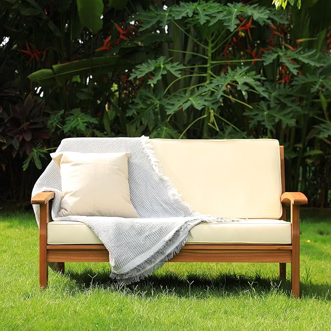 Idzo Laurent 800lbs Capacity Acacia Outdoor Loveseat, FSC Certified 2 Seater Patio Sofa with 3.9in Thick Cushions, Teak Finish Porch Couch for Garden Backyard Idzo