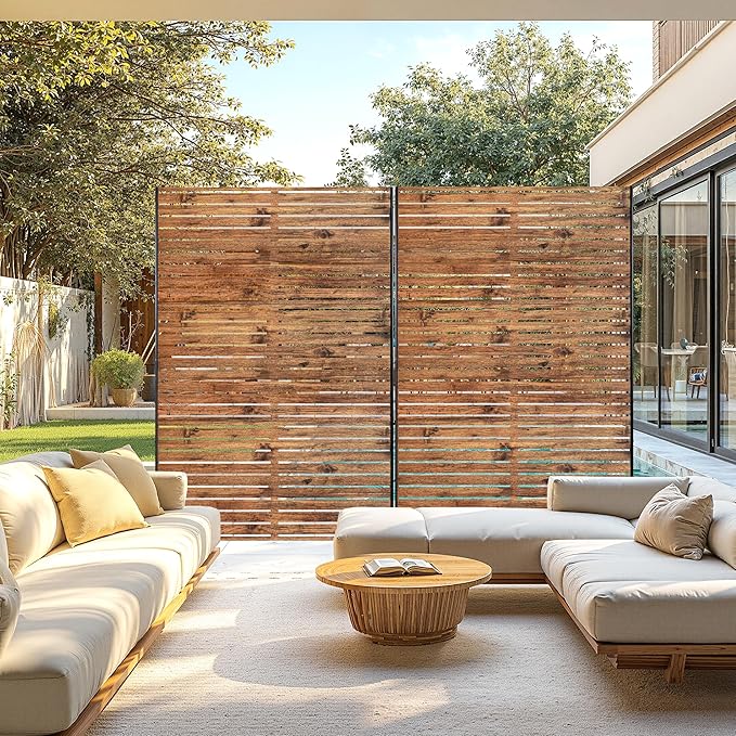 Metal Privacy Screen, 72" H×47" W Outdoor Privacy Screen, Freestanding Decorative Privacy Screen for Deck Balcony Patio, Natural Wood Brown FENCY
