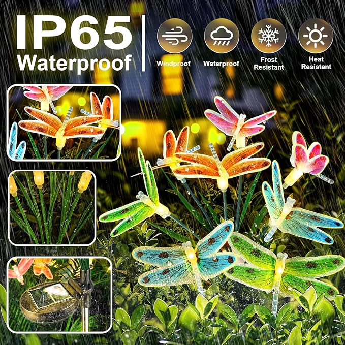 Anordsem Solar Garden Lights Outdoor: 8 Removable Fiber Optic Fabric Dragonflies 4 Pack - Waterproof Fun Animal Decoration for Yard Patio - Gardening Gifts for Garden Lovers Anordsem