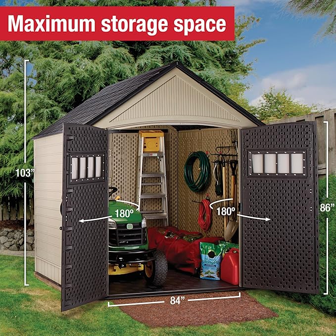 Rubbermaid Resin Outdoor Storage Shed with Floor (7 x 7 Ft) Weather Resistant, Brown Gable, Organization for Home/Backyard/Garden Tools/Lawn Mower/Bike Storage/Pool Supplies Rubbermaid