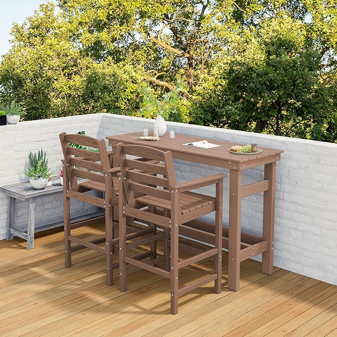 SERWALL Outdoor Bar Set - 4 Adirondack Bar Chairs & Bar Height Table with 1.6" Umbrella Hole, All-Weather HDPE Patio Furniture for Poolside, Backyard, Garden - Brown SERWALL