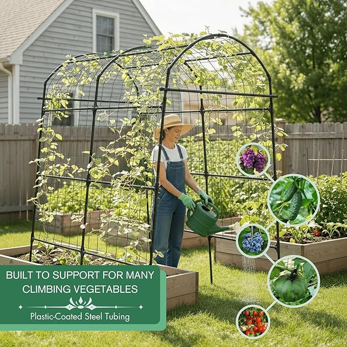 Garden Trellis Arch 7FT PP-Coated Stainless Steel Metal Extra Tall Cucumber Trellis Arch Garden Arch Trellis for Climbing Plants Outdoor Vegetable Trellis with Trellis Netting GardenArchTrellisforPlants