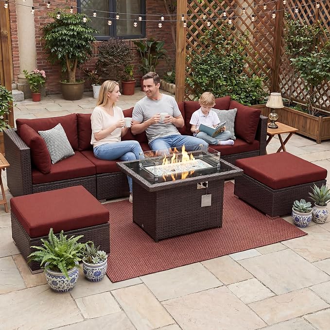 NICESOUL 7 Piece Outdoor Sofa Sectional with Firepit Natural Gas & Propane, Extra Large Patio Furniture Set for Heavy People, Deep Modular Wicker Conversation Sitting, Brown Rattan and Red Cushion NICESOUL