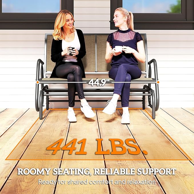 Outsunny 2-Person Outdoor Glider Bench, Patio Double Swing Rocking Chair Loveseat w/Powder Coated Steel Frame for Backyard Garden Porch, Light Mixed Brown Outsunny
