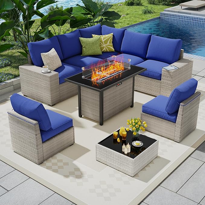 9 Piece Outdoor Patio Furniture Set with 43'' Fire Pit Table, Outdoor Sectional Furniture, Rattan & Wicker Modern Modular Conversation Set Sofa Couch W/Water Resistant Washable Thick Cushions, Blue Olimix