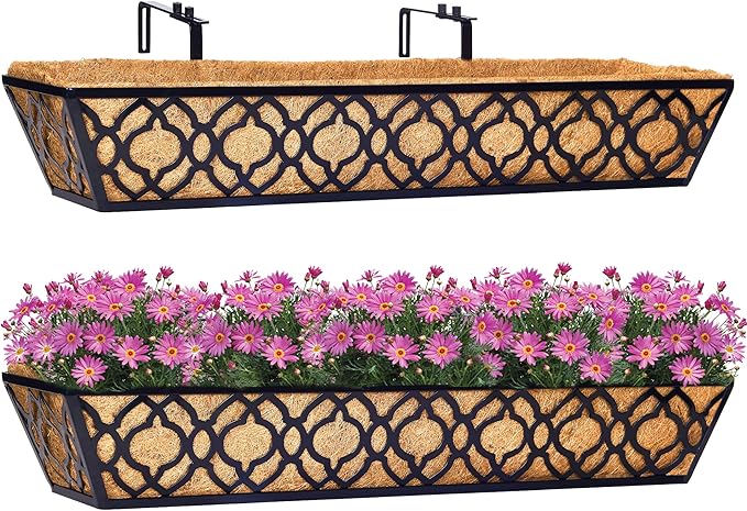 2pcs 30 Inch Window Deck with Coco Liner, 30" Window Boxes Horse Trough with Coconut Coir Liner, Metal Hanging Flower Planter Window Basket Deck Railing Planter Boxes for Outdoor Indoor Lawn LAWYAMAI