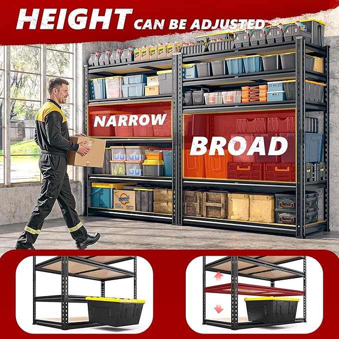 REIBII 2400LBS Garage Shelving Heavy Duty 5 Tier Storage Shelves Adjustable Garage Shelves, Utility Rack Shelf, Shelving Units for Storage Warehouse Pantry Closet, 35.5" W x 11.9" D x 72" H, 2 Pack REIBII