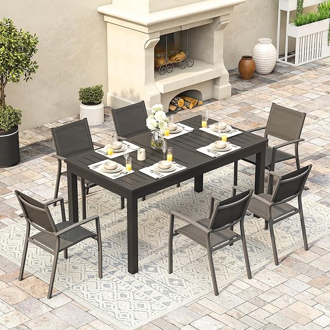 Expandable Aluminum Outdoor Dining Table, 3-Adjustable Lengths Patio Dining Table for 6-10 Person, 91.7" L x 33.5" W Metal Patio Table with Umbrella Hole Adjustable Feet for Garden Porch Deck, Grey Bringyoubetterlife