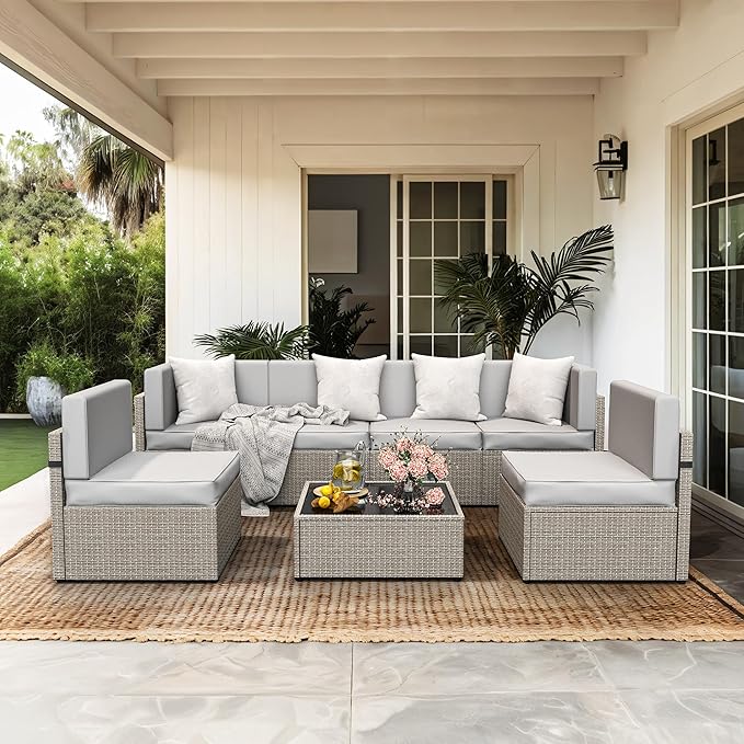 Pamapic 7-Piece Outdoor Sectional Furniture Set, All-Weather Wicker Patio Sofa with Washable Cushions, Gray Waterproof Rattan Conversation Set for Backyard, Poolside, Garden (Gray Cushions) Pamapic