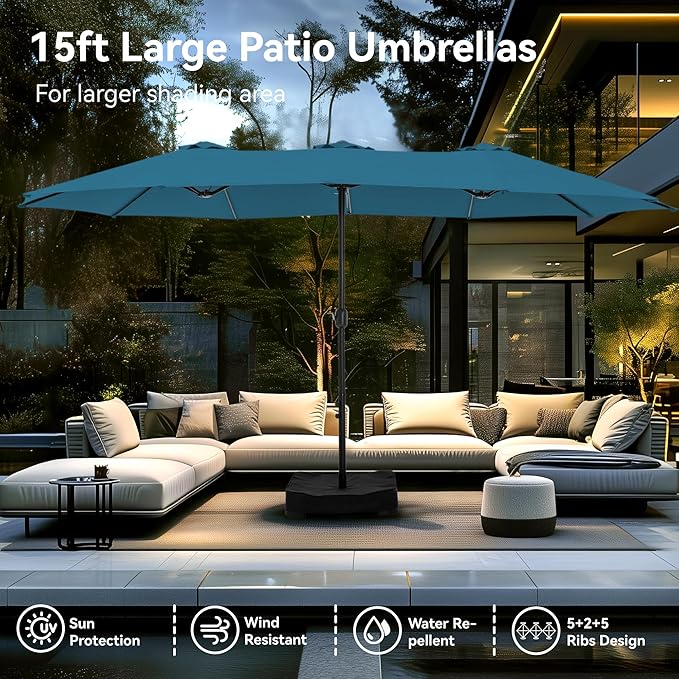 PHI VILLA 15ft Large Patio Umbrellas with Base Included, Outdoor Double-Sided Rectangle Market Umbrella with Crank Handle, for Poolside Lawn Garden, Cyan PHIVILLAThepioneerofcomfortablehouseholdsupplies