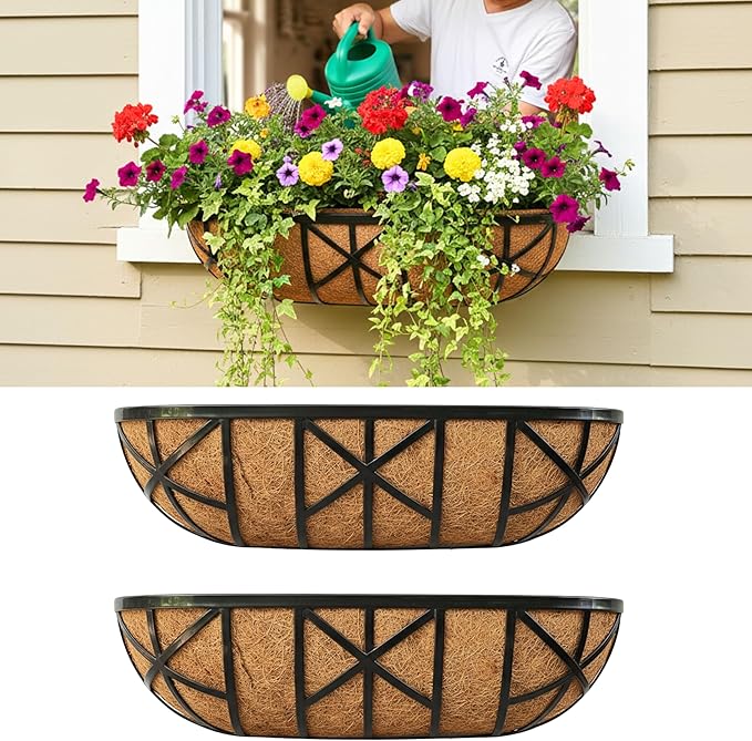 LaLaGreen 24 Inch, 2 Pack Window Boxes Planters – Black Metal Window Boxes for Outdoor Plant, Wall Mount Flower Pot with Coco Coir Liner, Attach to House Fence Balcony Herb for Patio Porch Garden L%C3%A1L%C3%A1Green
