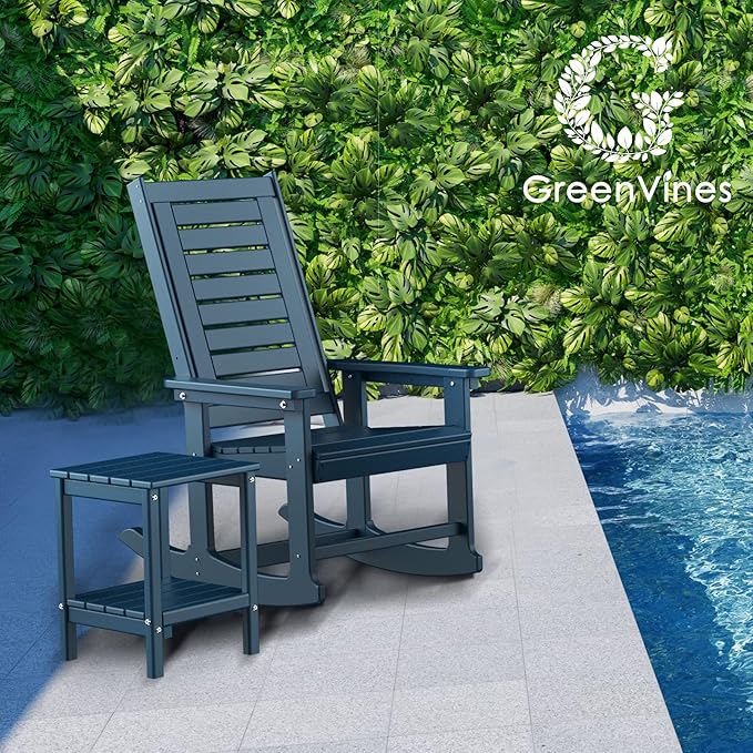 GREENVINES Outdoor Rocking Chair Set | 3-Piece | 2 Rocking Chairs with 1 Side Table | Porch Rocker | HDPE Plastic | Blue | Patio Furniture Sets | High Back | Big & Tall | Ladder Back GreenVines