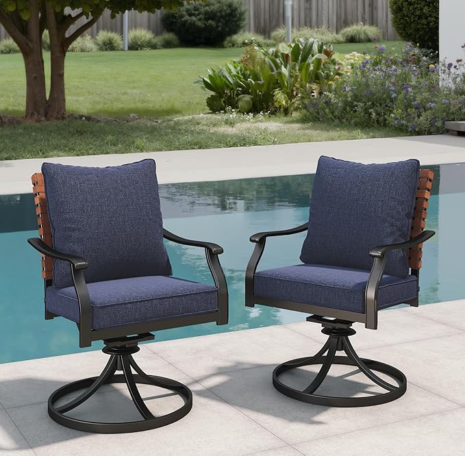 Grand patio 2-Piece Outdoor Dining Chair Set, 2 Leather-Look Wicker 360-Degree Swivel Patio Chair, Blue GrandPatio