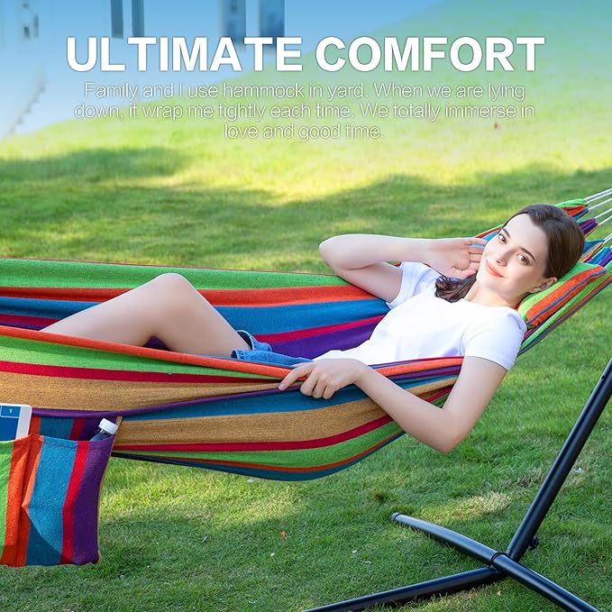 PNAEUT Double Hammocks with Stand for Outside, Portable Space Saving Heavy-Duty Steel Stand for Indoor Outdoor Patio, 450 lbs Capacity (Tropical) PNAEUT