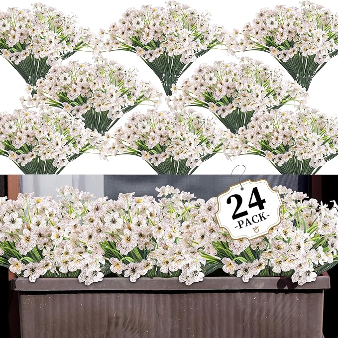 24 White Bundles Artificial Flowers for Outdoors/Indoors Fake Flowers Plants for Indoor Outside Garden Porch Window Box Home Wedding Farmhouse ColoPlay