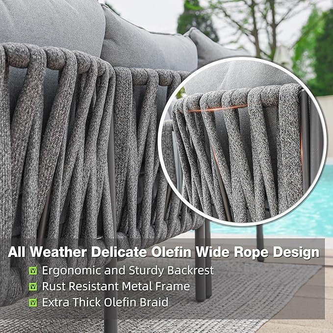 Outdoor Patio Furniture, 6 Pieces Outdoor Sectional L-Shaped Sofa Patio Conversation Sets, Patio Furniture Set with Thick Cushions and Coffee Table for Garden, Poolside, Backyard, Grey COMLAXFIELD