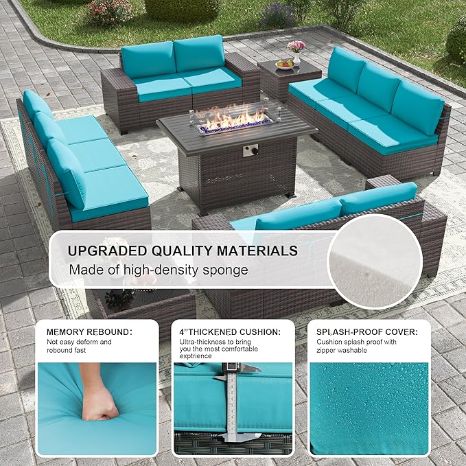 Kullavik 13 Pieces Outdoor Patio Furniture Set with 43" 55000BTU Gas Propane Fire Pit Table PE Wicker Rattan Sectional Sofa Patio Conversation Sets,Blue KULLAVIK