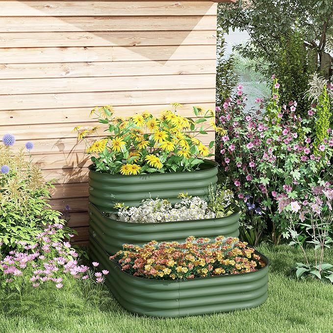 Outsunny 3-Tier Galvanized Steel Raised Garden Bed Kit, 62.25" x 43" x 32.25", 3 Combining Planter Boxes with Rubber Strip Edging, Open Bottom for Backyard, Garden, Patio, Green Outsunny