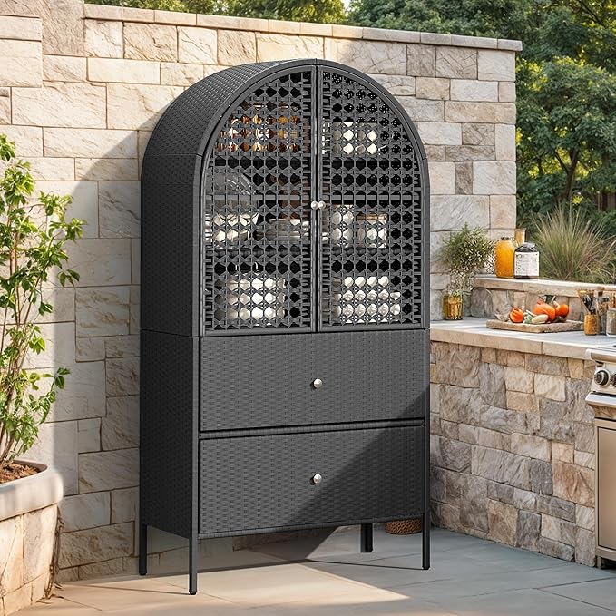 YITAHOME 65 Inch Outdoor Storage Shed, Arched Wicker Stand-Up Pantry with 3 Shelves & 2 Drawers, Rustic Storage Cabinet Patio Furniture for Backyard Garden Patio Lawn (Black) YITAHOME