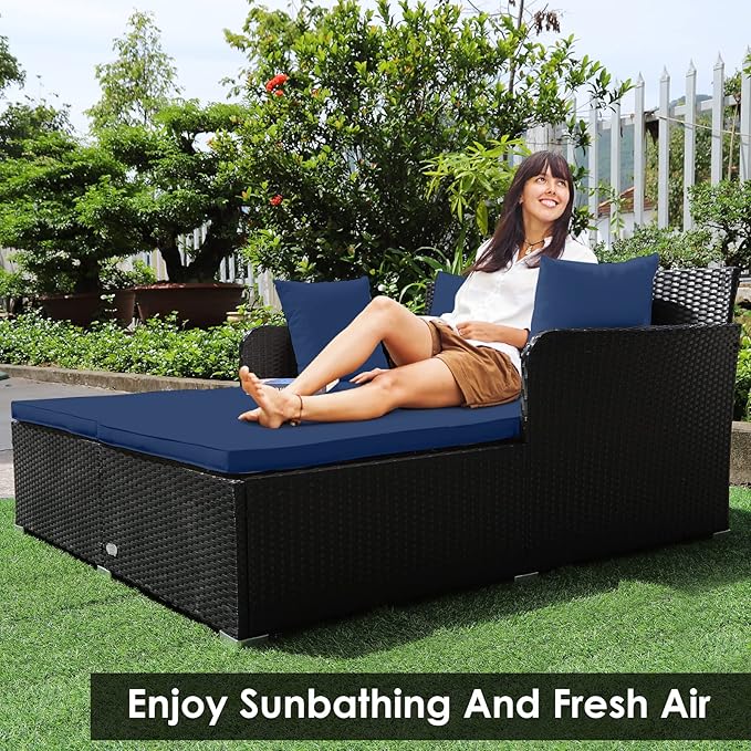 RELAX4LIFE Rattan Patio Outdoor Daybed, Wicker 2-Person Sunbed Loveseat with Soft Cushions, 4 Pillows, Curved Backrest & Armrest, Double Bed Lounger Sofa Set for Balcony Porch, Patio Bed (Navy) RELAX4LIFE