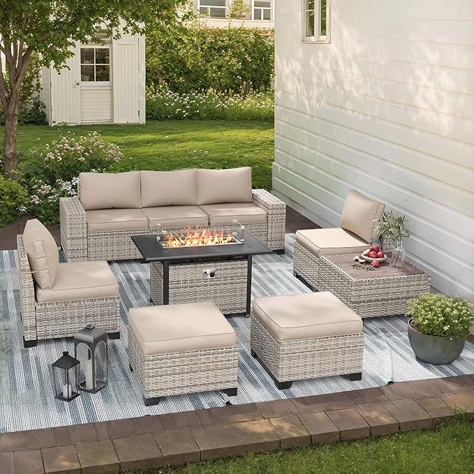 9-Piece Outdoor Patio Furniture Set with 55,000 BTU Fire Pit Table, PE Wicker Rattan Sectional Sofa Patio Conversation Set with Ottomans & Coffee Table, Sand MuphyersPatioFurniture