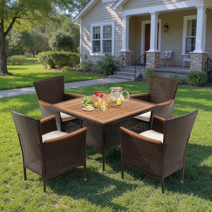 Wisteria Lane Patio Outdoor Table and Chairs Set, Rattan Outdoor Patio Furniture Set with Removable Cushions, Outdoor Patio Dining Sets with Acacia Wood Tabletop for Deck Garden Backyard, Brown WisteriaLane