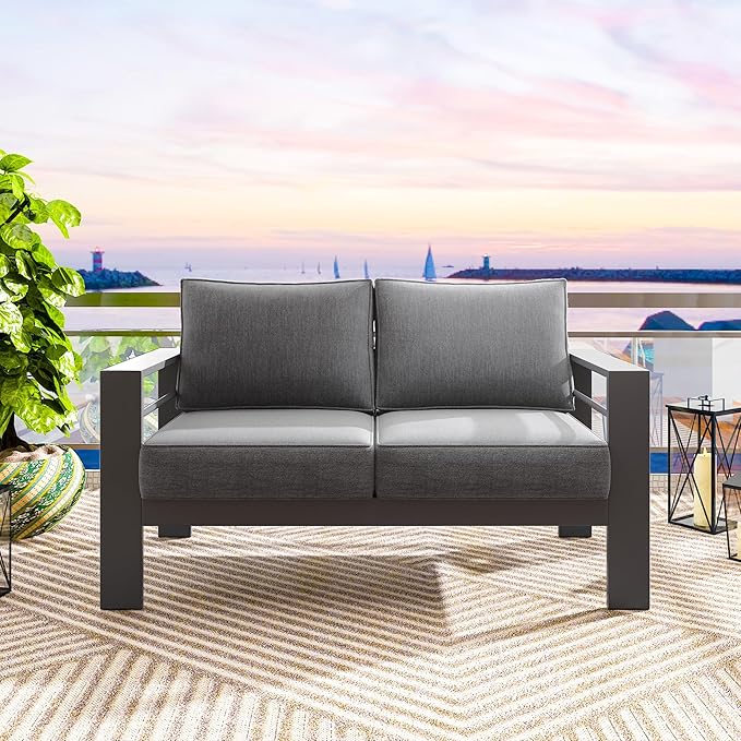 Solaste Outdoor Loveseat Aluminum Patio Furniture Sofa, All-Weather Metal Outdoor Couch with Cushions,Dark Grey Solaste