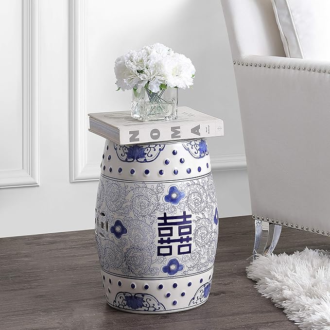 JONATHAN Y TBL1013A Double Happiness 18" Chinoiserie Ceramic Drum Indoor/Outdoor Garden Stool Bohemian, Coastal, Classic, Cottage, French Country, Traditional, Bathroom, Garden Room, Patio, Blue/White JONATHANY