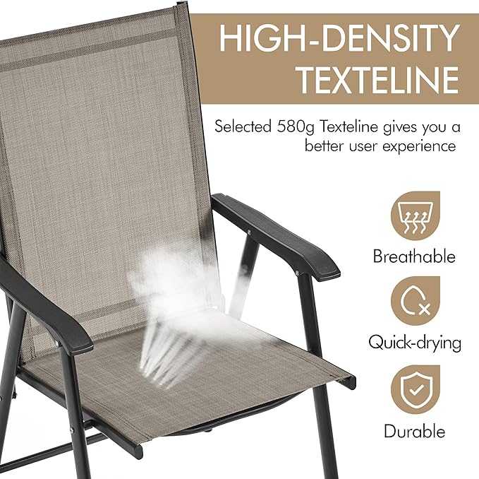 Yaheetech Outdoor Patio Chairs Set of 4, Portable Dining Chairs with Armrests for Camping, Lawn Yard Beach, Folding Outdoor Chairs 4-Pack with Metal Frame, Brown Yaheetech