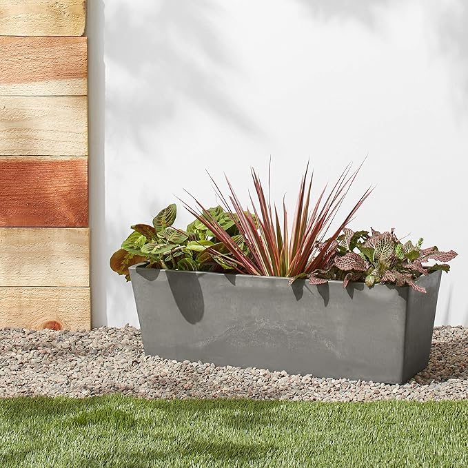 Arcadia Garden Products U65CT Plastic/Stone/Wood Composite Simplicity Window Box, No Drainage Hole (Drillable), Patio Plant Container, Indoor Outdoor Planter, 25.5" x 9, Cement Color PSW