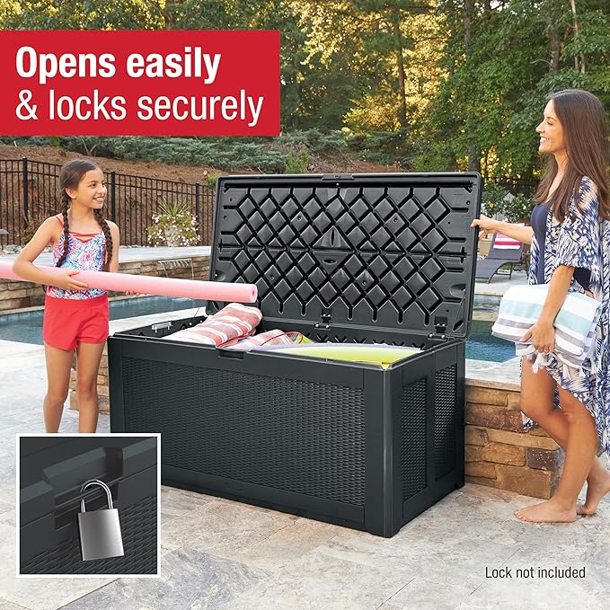 Rubbermaid Extra Large Resin Outdoor Storage Deck Box (134 Gal), Weather Resistant, Black, Deck Organization for Home/Backyard/Pool Chemicals/Toys/Garden Tools/Porch/Patio Cushions Rubbermaid