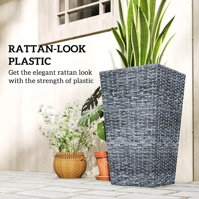 Outsunny Tall Planters for Outdoor Plants Set of 3, 24 in Taper Planters with Drainage Holes, Rattan Decor Plant Pots for Indoor Outdoor Front Porch Patio Backyard, Gray Outsunny
