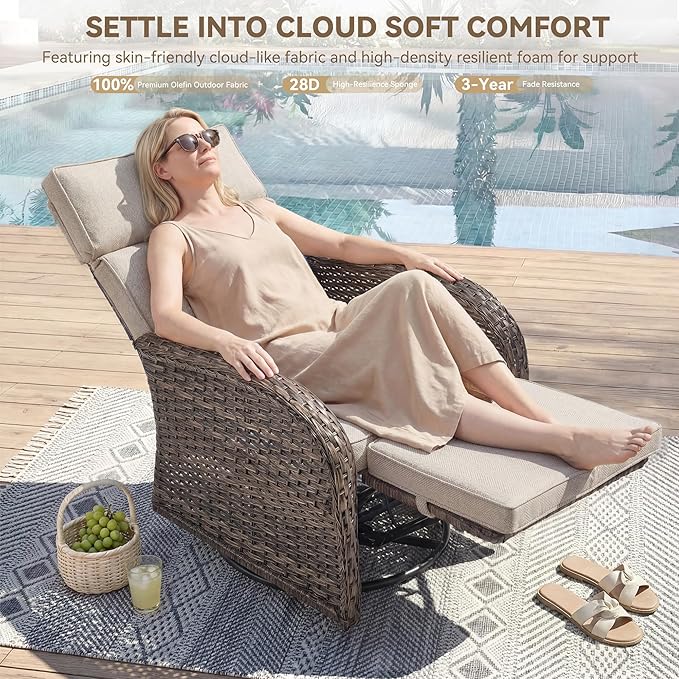 Zero Gravity Patio Swivel Rocking Recliner Chair - Wicker Outdoor Lounge Chair with Adjustable Backrest & Footrest, All Weather Reclining Rocker Chairs with Thick Cushion for Pool Deck Beige JelwalyPatioFurnitureSet