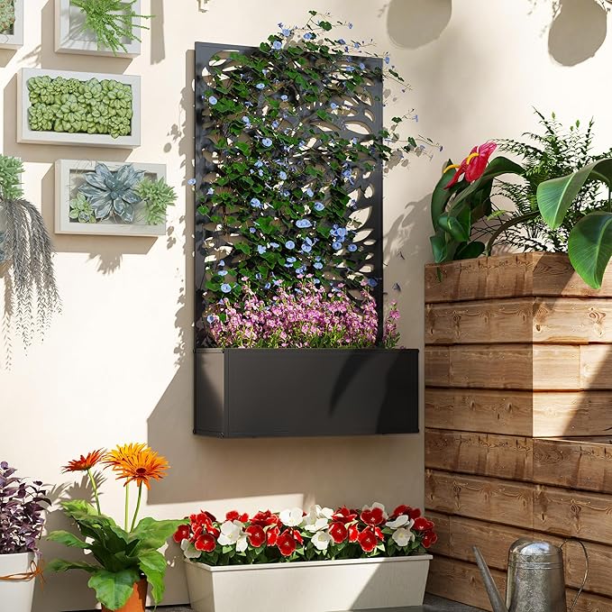 Outsunny Metal Raised Garden Bed with Trellis for Climbing Plants, Freestanding or Wall Mounted Flower Bed with Privacy Panel, Leaves Cut-Outs Outdoor Planter Box for Garden, Patio, Balcony Outsunny