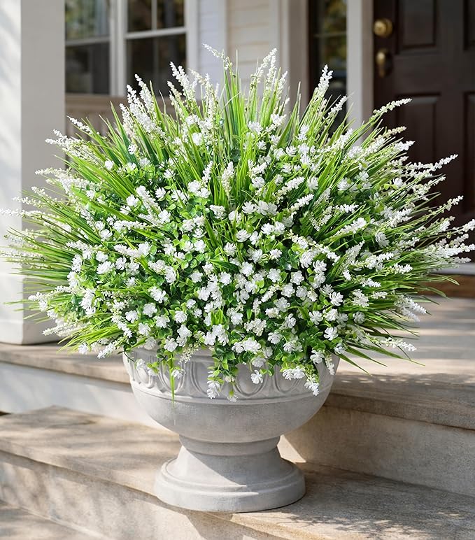 HyeFlora 20 Bundles Artificial Fake Outdoor Plants Flowers for Spring Decoration, UV Resistant Realistic White Plastic Flowers Faux Plant Monkey Grass for Planter Home Garden Porch Patio Window Box HyeFloraartificialflowers