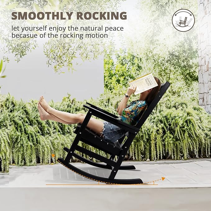 LUE BONA Rocking Chair Outdoor, Weather Resistant Poly Plastic Rocker Chairs, 350lb Heavy Duty, Oversized Porch for Adult, High Back Smooth Chairs Outdoor & Indoor, Black LUEBONA