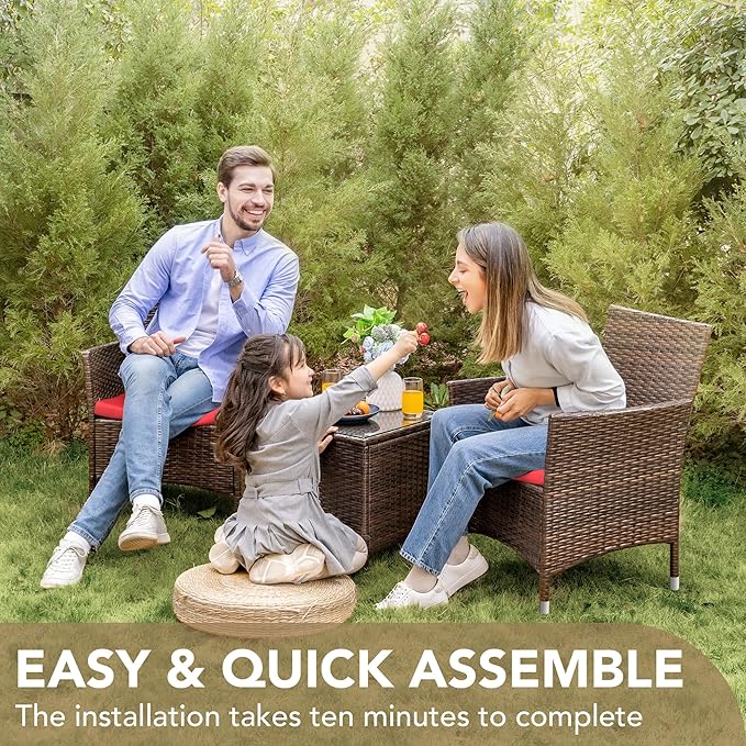 Devoko Patio Porch Furniture Sets 3 Pieces PE Rattan Wicker Chairs with Table Outdoor Garden Furniture Sets (Brown/Red) DEVOKO