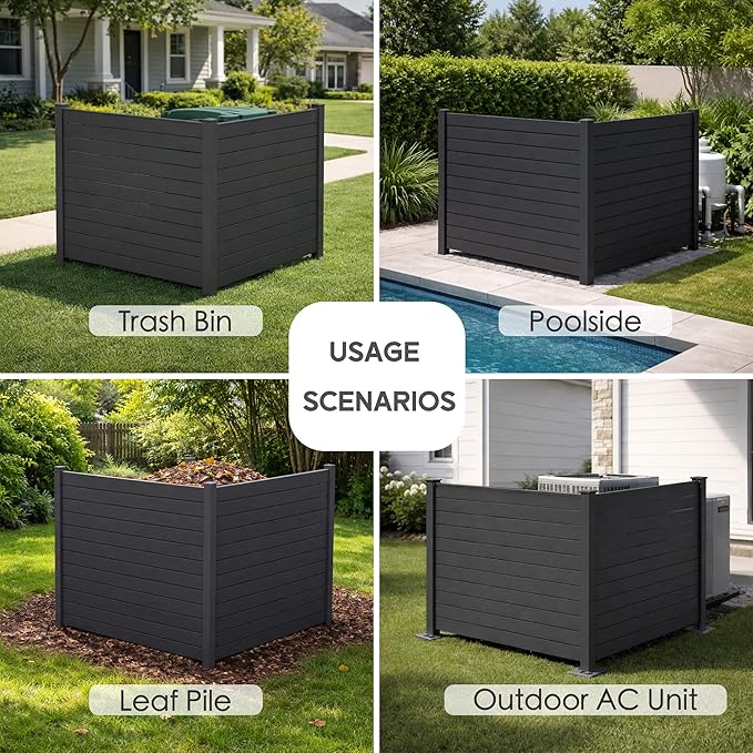 Kozyard 50" W x 48" H Outdoor Privacy Screens Aluminum Post, Air Conditioner Fence Panels, Pool Equipment Enclosure, Trash Can Screens Fence Kit for Outside Backyard Patio(Black/2Panels) Kozyard