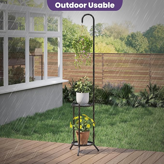 2-Tier Metal Plant Stand with Hanging Hook, Indoor Outdoor Plant Shelf,Heavy Duty Plant holder Rustproof Iron Multiple Plant Round Supports Rack for Planter Corner Garden Balcony Patio (Black) Rootora
