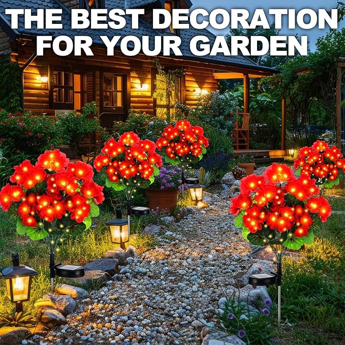 2 Pcs Solar Geraniums Lights Outdoor Waterproof for Garden Spring Decor Light with 10 Solar Geraniums Light for Outside Stake Decorative Auto On/Off for Garden Yard Backyard Patio Huquary