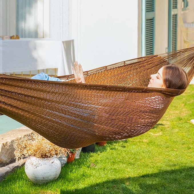 PNAEUT Handwoven Mayan Hammock, Thick Soft Rope Double Hammock for Outdoor Outside & Indoor, 600 lbs Capacity Heavy-Duty, Includes Tree Straps, Carabiners & Carrying Bag (Desert, X-Large) PNAEUT