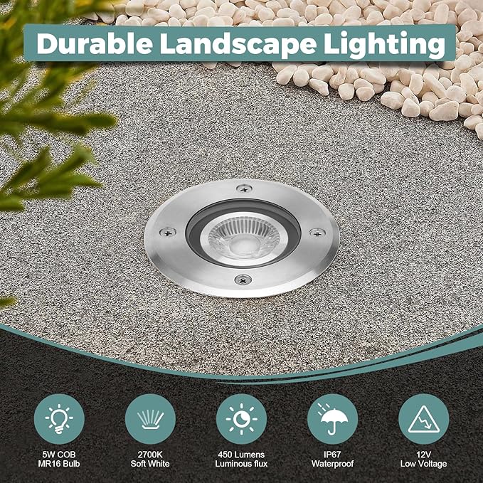 Gardencoin Low Voltage Landscape LED Well Lights, 12V in Ground Lights Outdoor IP67 Waterproof, 4.3 inch Wired Landscape Up Lighting, Included Replaceable 5W 2700K MR16 Bulb Dimmable, 6 Pack Gardencoin