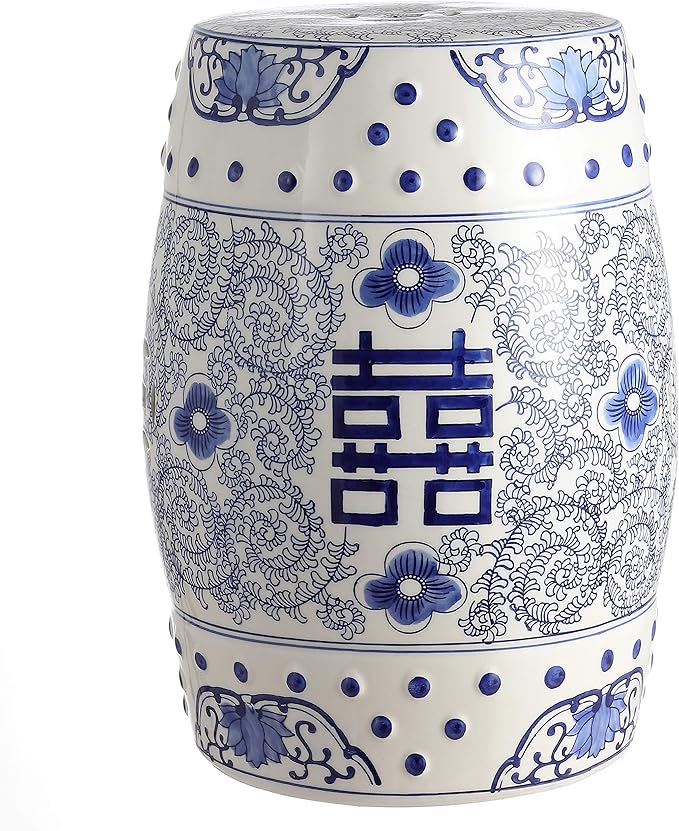 JONATHAN Y TBL1013A Double Happiness 18" Chinoiserie Ceramic Drum Indoor/Outdoor Garden Stool Bohemian, Coastal, Classic, Cottage, French Country, Traditional, Bathroom, Garden Room, Patio, Blue/White JONATHANY