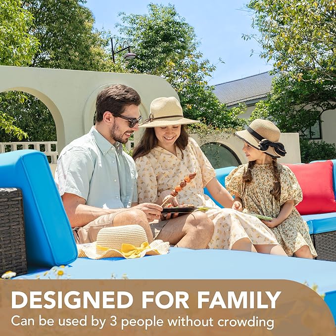 Devoko 5 Pieces Patio Furniture Sets All Weather Outdoor Sectional Patio Sofa Manual Weaving Wicker Rattan Patio Seating Sofas with Cushion and Glass Table (Blue) DEVOKO