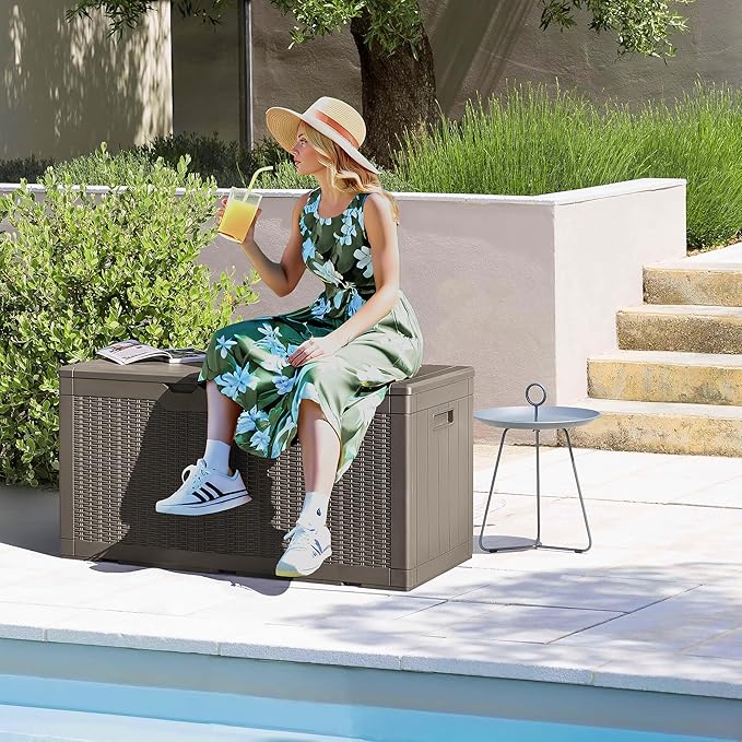 Devoko 97 Gallon Deck Box, Waterproof Resin Outdoor Storage Box for Outside and Patio, Large Outdoor Storage Bench Cabinet Lockable for Patio Furniture, Garden Tools and Pool Supplies (Brown) DEVOKO