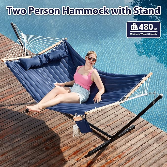Two Person Hammock with Stand for Outside Heavy Duty, Outdoor Patio Hammock with Portable Steel Stand, Large Double Hammocks,480lbs Capacity.(Dark Blue) HomgavaLiveWhatYouLove