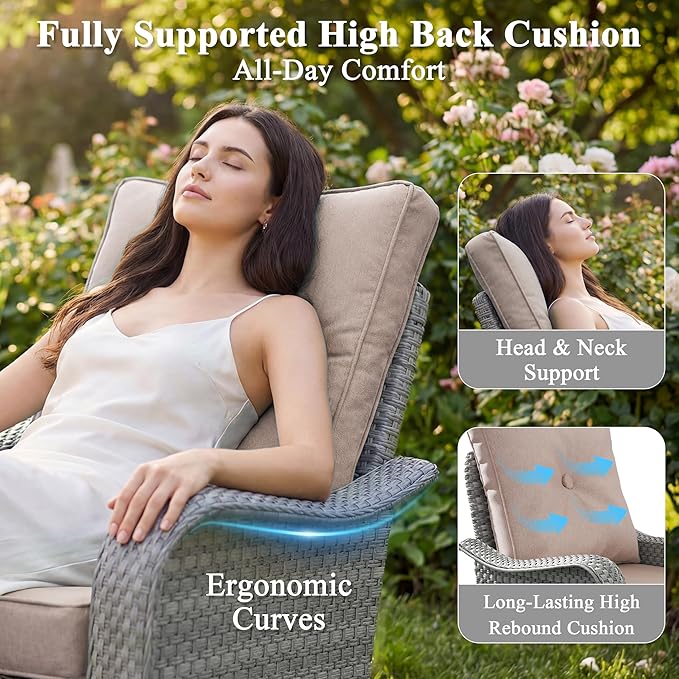 2-Seat Modern Patio Furniture Set with Swivel Rocking Chairs, Thick 4″ Cushions, Dual-Strand Wicker Rattan, Rust-Resistant Steel Frame – Outdoor Conversation & Modular Sectional,Beige MASIONBACKYARDS