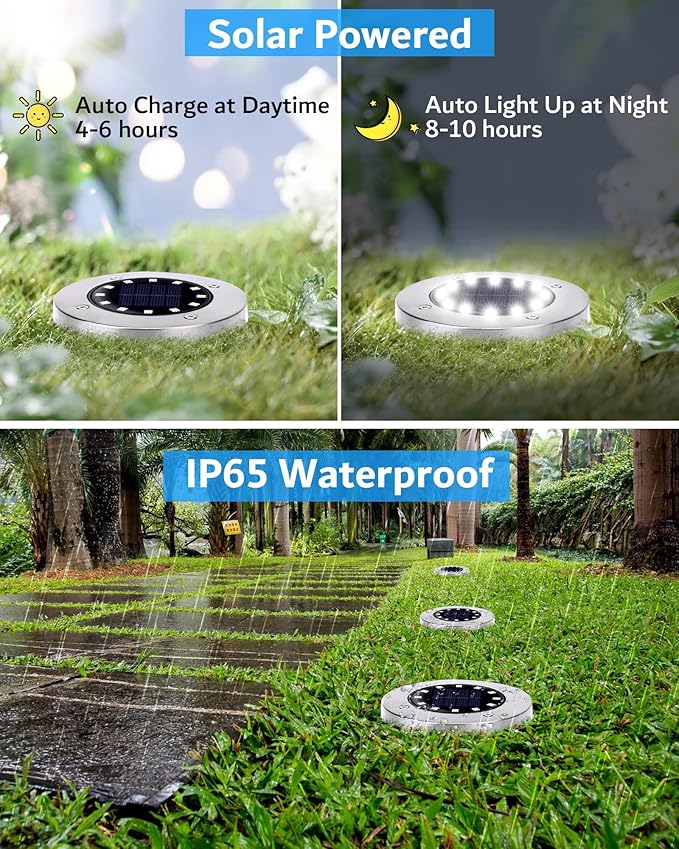 Biling Solar Outdoor Lights 12 Pack, Bright 12 LEDs Solar Ground Lights Waterproof, Flat Landscape Lighting Solar Powered for Yard Walkway Pathway Garden Driveway (White) biling